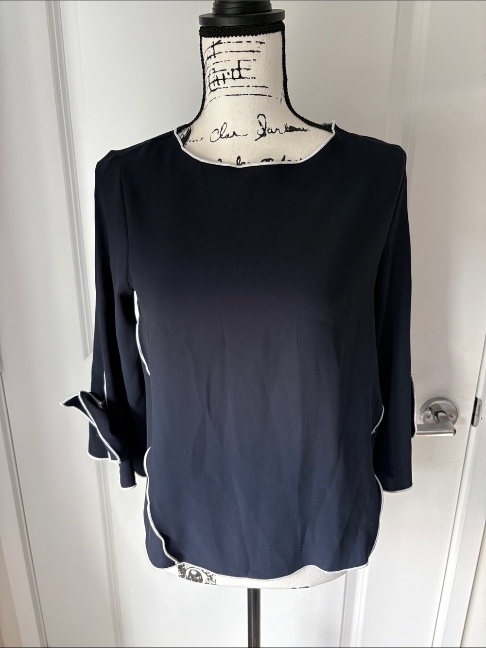 Zara Navy Blue Contrast Trim Bell Sleeve Blouse | Elegant Office Top